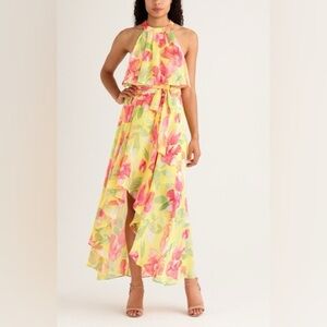 New! Eliza J yellow ruffle floral high low maxi Dress 35161